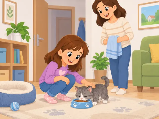 Дома котёнок ест из миски, девочка гладит его, рядом улыбается мама.