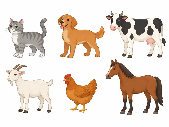 Шесть домашних животных: кошка, собака, корова, коза, курица, лошадь.